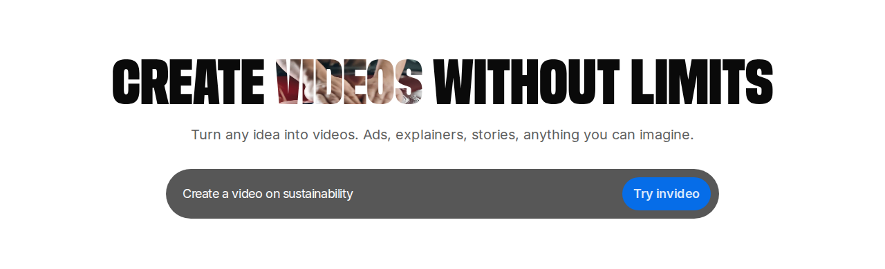 InVideo homepage hero section showing CREATE VIDEOS WITHOUT LIMITS headline with AI video generator text input and Try InVideo call-to-action button