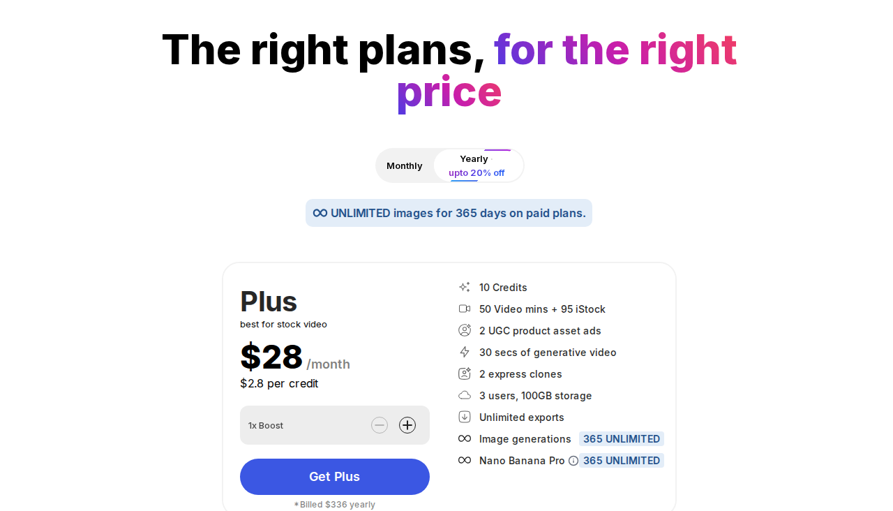 InVideo pricing page showing Plus plan at dollar 28 per month with annual billing toggle and up to 20 percent savings banner — apply invideo coupon code for additional discount