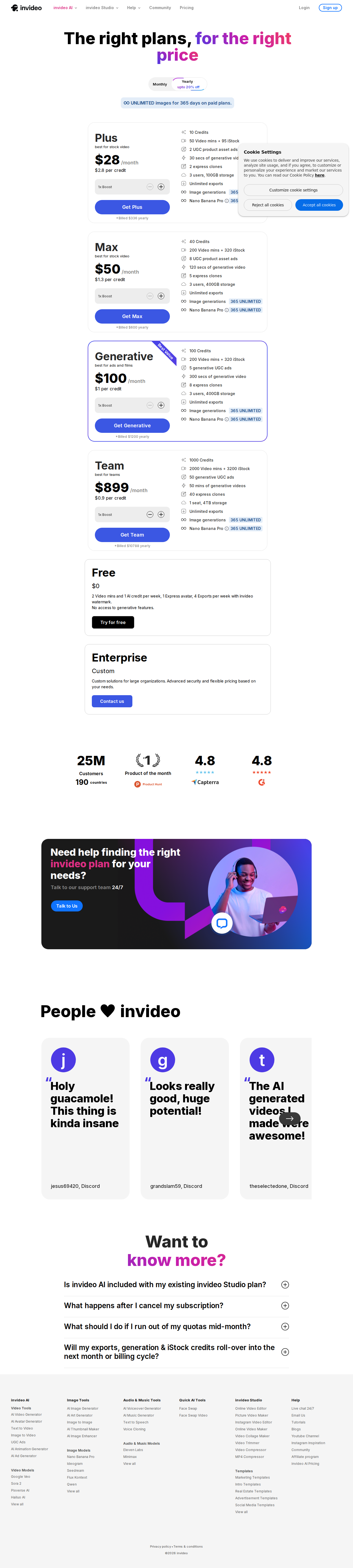 InVideo AI full pricing page 2026 showing all plans: Free $0, Plus $28 per month, Max $50 per month, Generative $100 per month, Team $899 per month with annual billing — 25 million customers across 190 countries