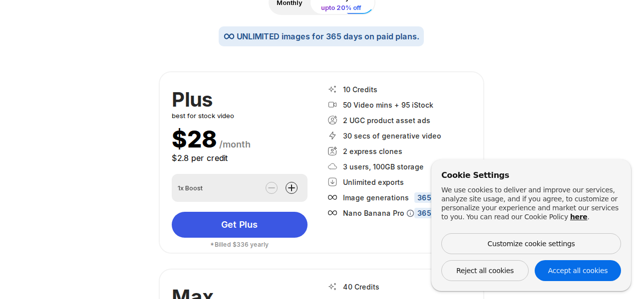 InVideo pricing plans comparison table for 2026
