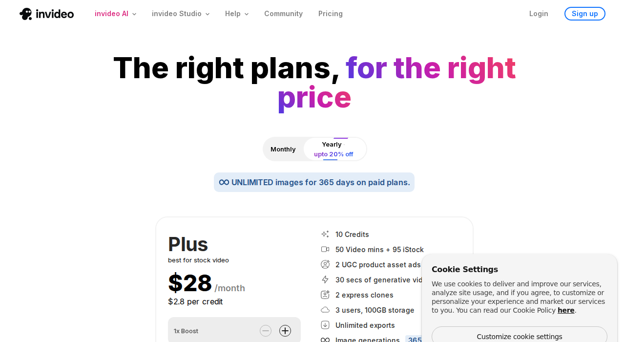 InVideo AI pricing plans showing Free, Plus, Max and Generative tiers